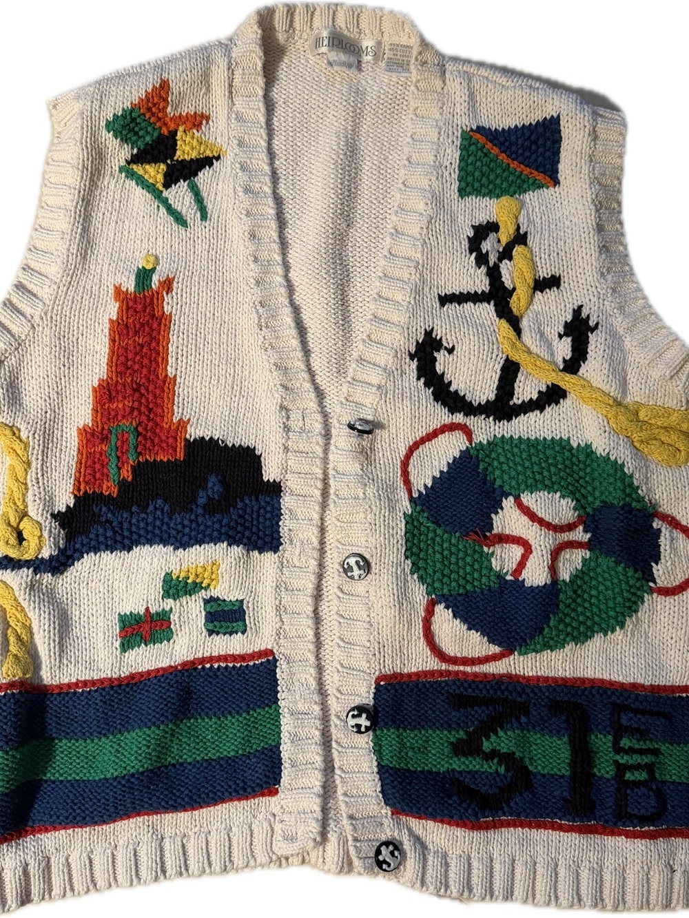 Vintage Heirlooms Cream Nautical Knit Vest with Multicolor Motifs 80’s 90’s